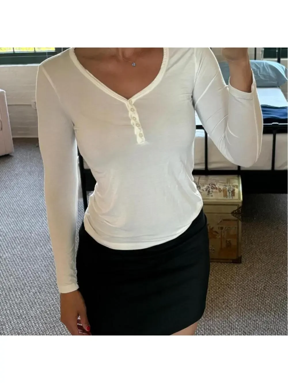 Gap White Henley Long Sleeve Top Y2K Slim Fit Button Tank - Picture 1 of 4